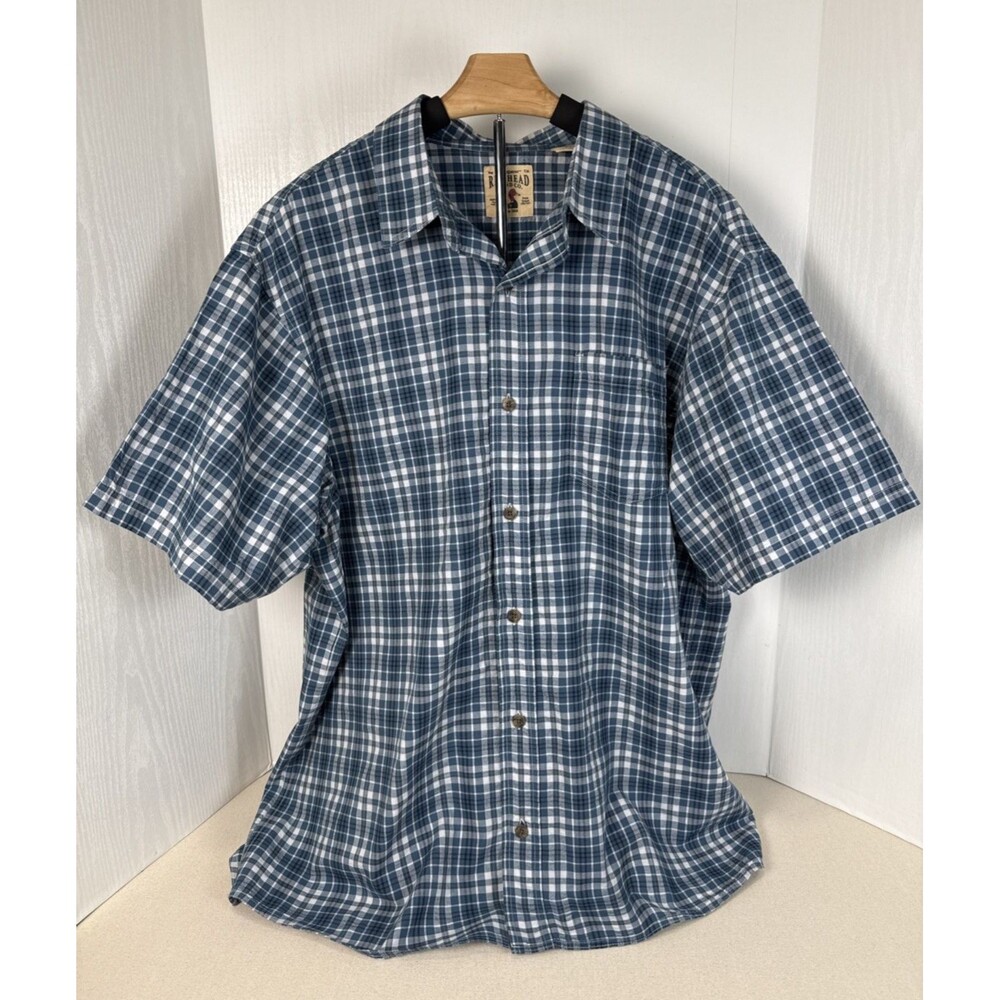 RedHead Short Sleeve Button Up Blue Plaid Seersucker Pocket Shirt Mens XL